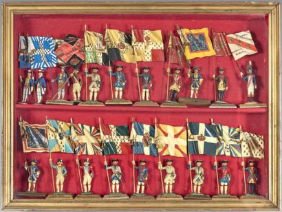 null Ensemble de figurines en plomb: Porte-drapeaux du XVIIIe, présentés sur des...