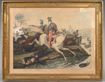 null Grande gravure aquarellée: "Mort du Prince Joseph Poniatowski, en traversant...
