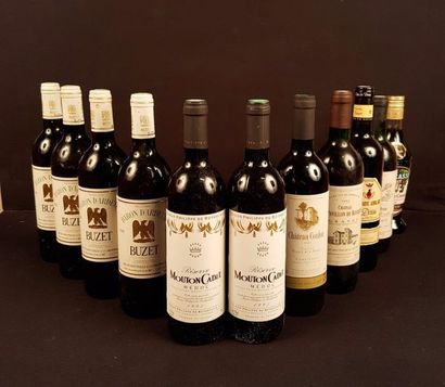null 12 bouteilles 
VINS 
DIVERS, 
 (Buzet, Mouton-Cadet, Crème de Cassis, Corbi...