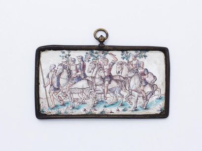 null Miniature rectangulaire peinte sur émail à décor de cavaliers romains, dans...