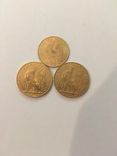 null Lot de 3 pièces comprenant:
2 pièces de 20 Francs or
Pièce de 10 Francs or
