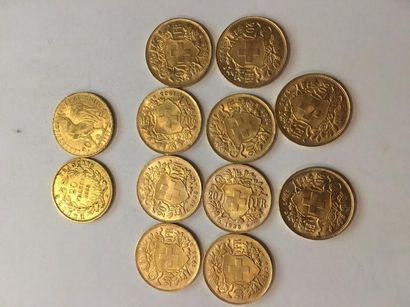 null Lot de 12 pièces comprenant:
10 pièces de 20 Francs Suisse or
2 pièces de 20...