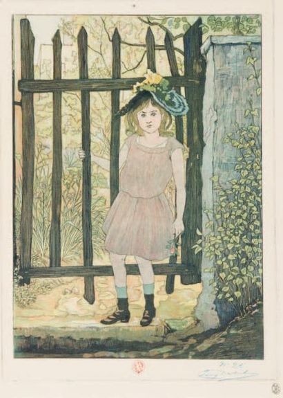 Eugène DELATRE (1864-1938) 
Enfant à la grille d'un jardin, 1893. 297 x 218. Eau-forte...