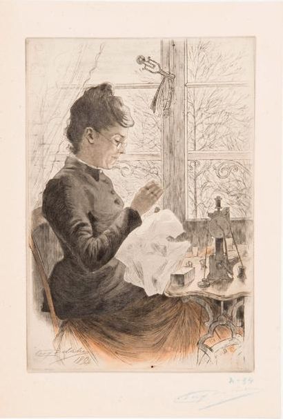 Eugène DELATRE (1864-1938) 
Chez la couturière, 1894. 230 x 155. Eau-forte, aquatinte...