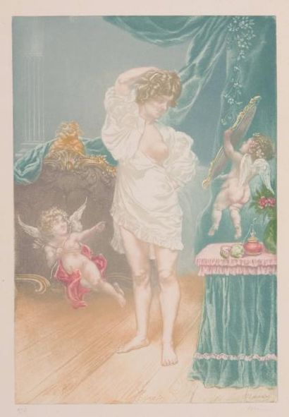 CHARLES MAURIN (1856-1914) 
Femme miroir et amours. 492 x 331. Eau-forte et aquatinte...