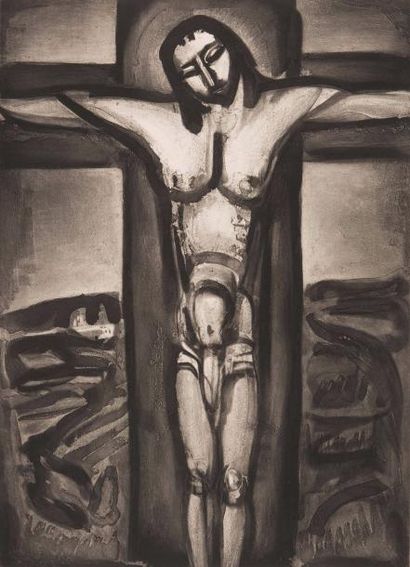 Georges ROUAULT (1871-1958) 
Sous un Jésus en croix oublié là... planche XX du Miserere,...