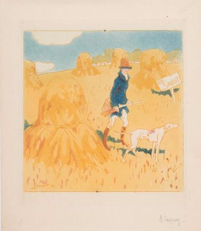Maurice TAQUOY (1878-1952) 
Chasseur et son chien, carte pour l'éditeur Sagot. 190...
