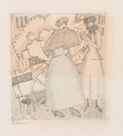 Jean-Emile LABOUREUR (1877-1943) 
La marchande quatre saisons
Dessin au crayon noir...