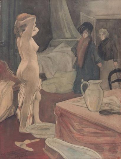 Alméry LOBEL-RICHE (1880-1950) 
Nu à sa toilette
Gouache, signée et dédicacée en...