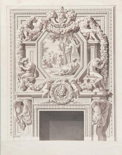 École du XIXe siècle 
Projet de décor sculpté pour un dessus de porte
Lavis d'encre.
48...