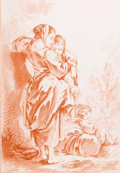 Gilles DEMARTEAU (1750-1802) 
Jeune mère avec deux enfants, gravé d'après F. Boucher...