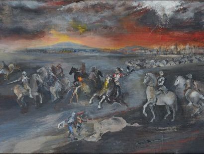 MARIE-LAURE DE NOAILLES (1902-1970) Choc de cavalerie
Huile sur toile marouflé sur...
