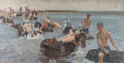 GRIGORYI ANDRYIEVICH SHPONKO (1926-2005) Le bain des chevaux
Huile sur toile Signé...