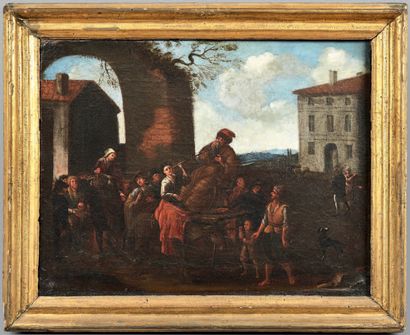 ÉCOLE ITALIENNE DU XVIIIÈME SIÈCLE Scènes de rue
Paire de toiles, sur leurs toiles...