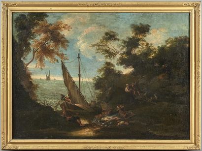 Ecole piémontaise du XVIIIème siècle *Pêcheurs et chasseurs au bord de l'eau
Toile....