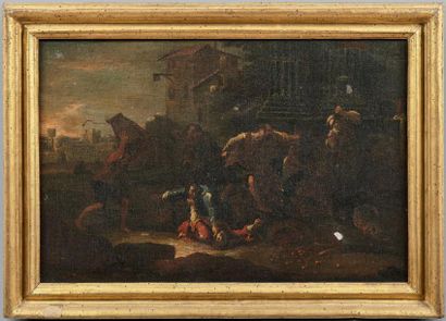 ATTRIBUÉ À PIETRO DOMENICO OLIVERO (1679 - 1755) *Scène de campement
Rixe de paysans
Paire...