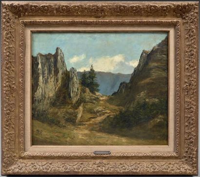 D'après Gustave COURBET Paysage de montagne
Huile sur toile, porte une signature...