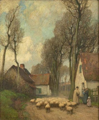 Harry F. van der WEYDEN (Boston 1868 - Londres 1952) 
Moutons dans un hameau de village
Toile
Signée,...