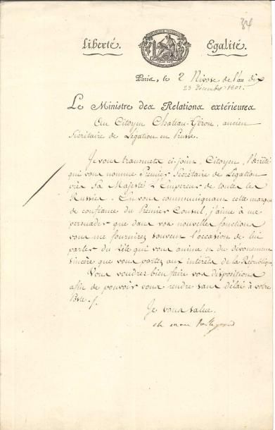 Charles-Maurice de talleyrand 2 L.S. «Ch. Mau. Talleyrand», Paris 1801-1804, à René-Charles-Hippolyte...
