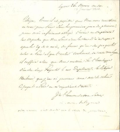 Charles-Maurice de talleyrand L.S. «Ch. Mau. Talleyrand» avec une ligne autographe,...