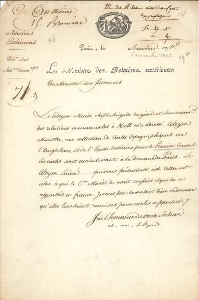 Charles-Maurice de talleyrand L.S. «Ch. Mau. Talleyrand», [vers le 15] brumaire XI...