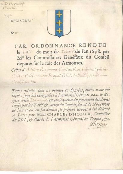 DIVERS 6 Lettres ou pièces, 1696-1861.
Brevet d'enregistrement des armoiries d'Adrian...
