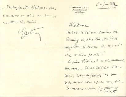 Hubert LYAUTEY (1854-1934) maréchal L.A.S., 6 mai 1922, à la marquise de POLEON SAINT-GEORGES,...