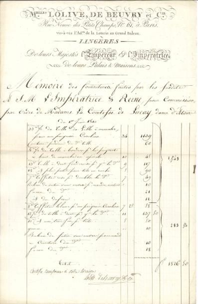 [MARIE-LOUISE (1791-1847) Impératrice] FACTURE signée, Paris 1er juin 1810; 1 page...