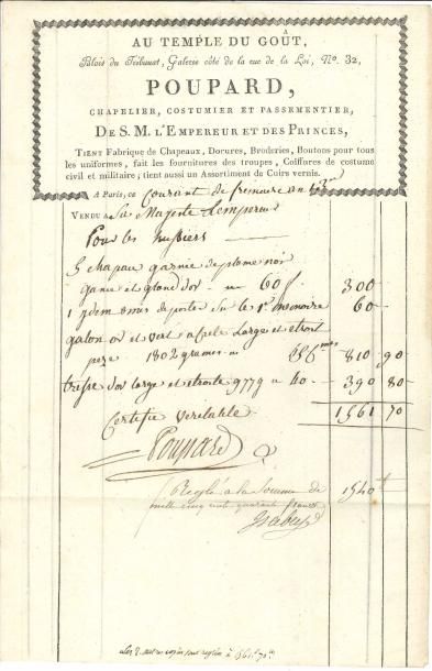 [NAPOLEON Ier] Facture signée du chapelier POUPARD, visée et signée par Jean-Baptiste...