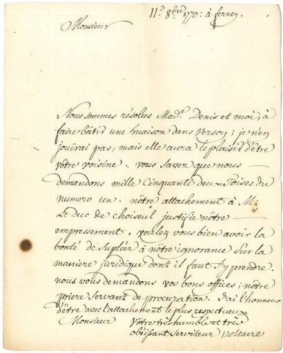 VOLTAIRE (1694-1778) 3 L.S. «Voltaire», Ferney septembre-décembre 1770, au chevalier...