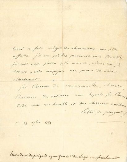 Charles-Maurice de talleyrand L.A.S. «L'abbé de Perigord», 13 septembre [1781]; 2...