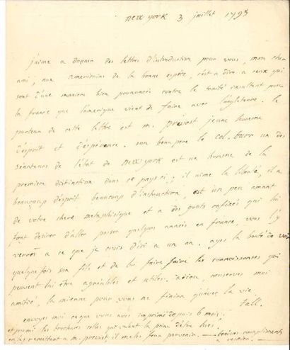 Charles-Maurice de talleyrand L.A.S. «Tall.», New York 3 juillet 1795, à Emmanuel...