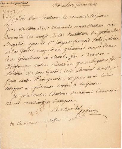 Jean-Baptiste BESSIERES L.S. comme maréchal, Paris 18 février 1808, au ministre de...