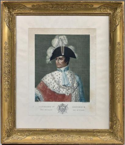 null * Napoléon Empereur, belle gravure en couleurs d'après le dessin de A. Dumont,...