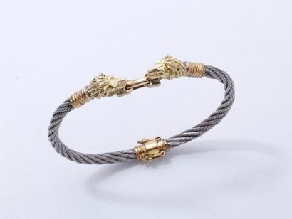 null Bracelet souple en or 750 millièmes, composé d'un câble en acier décoré de 2...
