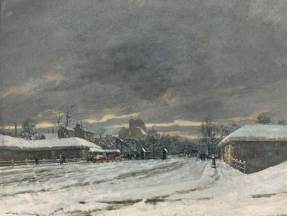 ECOLE FRANCAISE DU XIXème siècle Paysage de neige
Carton ? Signature illisible en...