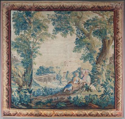 null Tapisserie d'Aubusson représentant une scène d'amusements champêtres sur un...