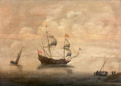 Willem Hermann van DIEST (La Hague 1610 - 1673) Navires hollandais près d'une côte
Panneau...