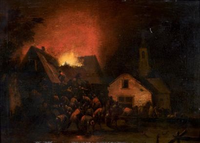 Adriaen Lievensz. van der POEL (Delft 1628 - Leyde 1671) L'incendie d'un village...