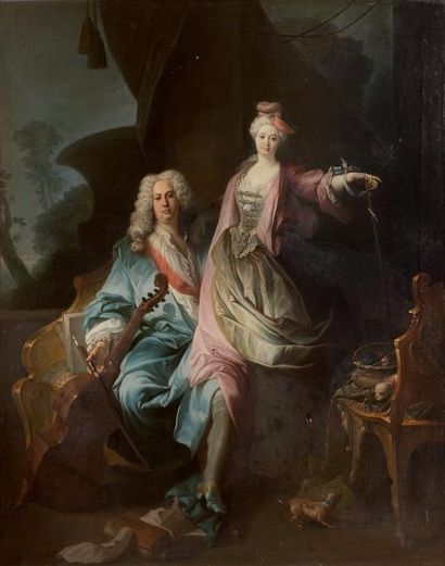 Attribué à Auger LUCAS (1685-1765) Portrait d'un joueur de viole et de sa fille (?)...