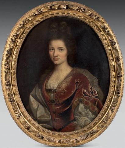 ECOLE FRANCAISE VERS 1730 Portrait d'homme à l'habit rouge
Portrait de femme à la...