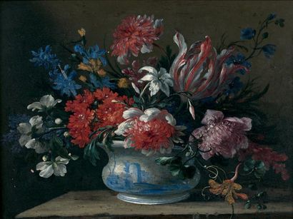 Atrribué à Nicolas BAUDESSON Vase de fleurs sur un entablement
Toile 25,5 x 33,5...