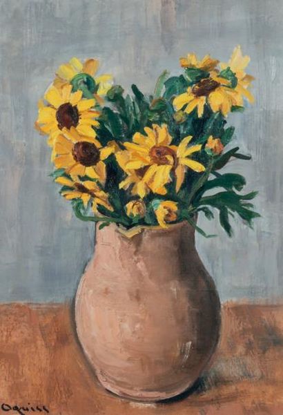 Takanori OGUISS (1901-1986) 
Bouquet de fleurs jaunes
Huile sur toile, signée en...