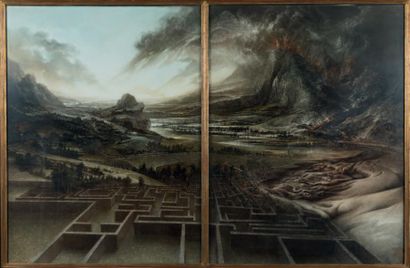 Roland CAT (né en 1942) 
Visage (paysage au volcan), 1981
Diptyque, peinture signée...