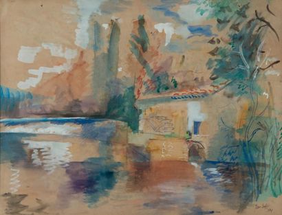 Jean DUFY (1888-1964) 
Le moulin sur la rivière, 1941
Aquarelle, signée et datée...