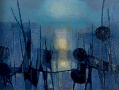 Camille HILAIRE (1916-2004) 
Soleil couchant sur le port
Huile sur toile, signée...