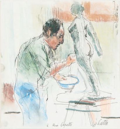 Jean CARTON (1912-1988) 
Dans l'atelier du sculpteur - Maternité
Deux dessins, un...