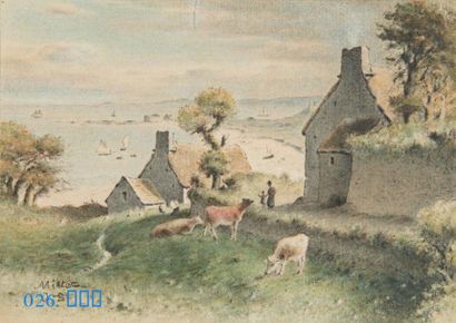Jean- Baptiste MILLET (1831-1906) 
Vaches en bord de mer
Aquarelle gouachée sur traits...