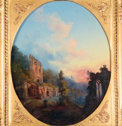 PASTINA 
Abbaye en ruines dans un paysage, 1849
Huile sur toile à vue ovale, signée,...