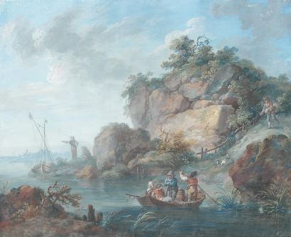 Ecole FRANCAISE du XVIIIème siècle Paysans dans une barque près d'un paysage rocheux...